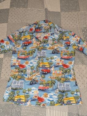 Aloha Republic Men’s Route 66 Memory Lane Blue Cotton Tiki USA Hawaiian Shirt L